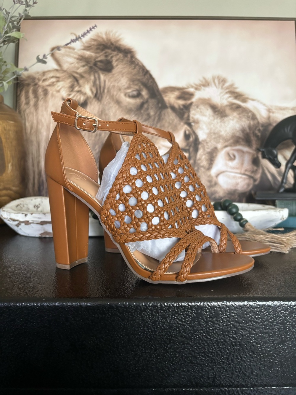 JustFab Woven Cognac Block Heel Sandals